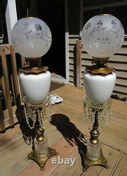 Pair Large Vintage Antique Cut Glass Brass Prism 45h Parlor Banquet Oil Lamp