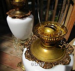 Pair Large Vintage Antique Cut Glass Brass Prism 45h Parlor Banquet Oil Lamp