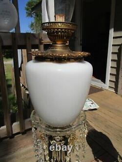 Pair Large Vintage Antique Cut Glass Brass Prism 45h Parlor Banquet Oil Lamp