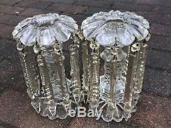 Pair Of Antique Victorian Crystal Clear Deep Cut Glass Mantel Lustres