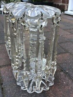 Pair Of Antique Victorian Crystal Clear Deep Cut Glass Mantel Lustres