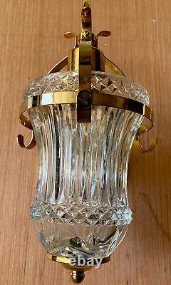 Pair Of Cut Crystal Glass Wall Sconces Single Brass Arm Lamp Light