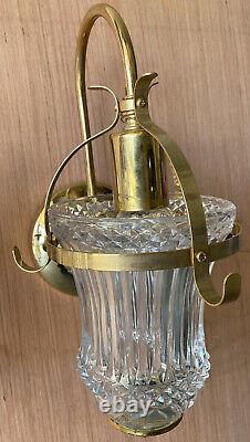 Pair Of Cut Crystal Glass Wall Sconces Single Brass Arm Lamp Light