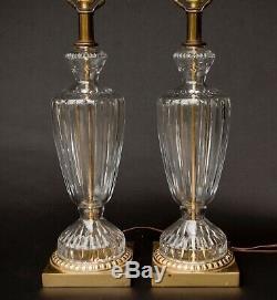 Pair Of Heavy Crystal Cut Glass And Brass Clear Table Lamps