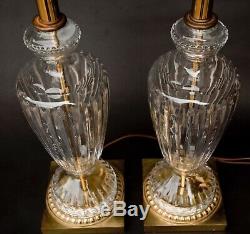 Pair Of Heavy Crystal Cut Glass And Brass Clear Table Lamps