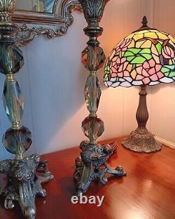 Pair Of Hollywood Regency Gray Cut Glass Huge Crystal Prisms Brass Table Lamps