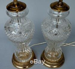 Pair Of Vintage Cut Crystal Glass And Brass Table Lamps