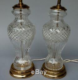 Pair Of Vintage Cut Crystal Glass And Brass Table Lamps