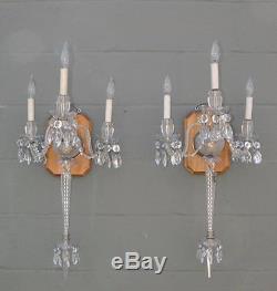 Pair Overscale Crystal and Cut Glass Three Arm Electric Wall Sconces Circa 1940