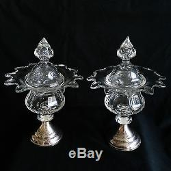 Pair Superb Cut Crystal & Sterling Silver Sweet Meat Lidded Compotes Flower Form
