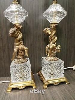 Pair Table Lamps Cupid Cherub Angel Crystal Vintage Diamond Cut Glass L & L