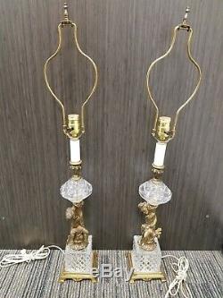 Pair Table Lamps Cupid Cherub Angel Crystal Vintage Diamond Cut Glass L & L