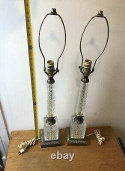 Pair Tall Antique Cut Crystal Glass Table Lamps Brass Banquet Hollywood Regency
