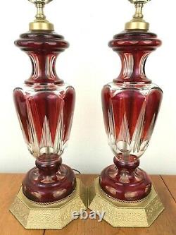 Pair VTG Bohemian Cut to Clear Ruby Red Crystal Glass Table Lamps Brass Base