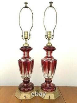 Pair VTG Bohemian Cut to Clear Ruby Red Crystal Glass Table Lamps Brass Base