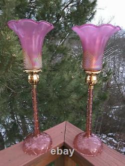 Pair Vintage Cut Crystal Glass Candlestick Lamps Pulled Feather Aurene Shades