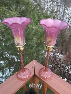 Pair Vintage Cut Crystal Glass Candlestick Lamps Pulled Feather Aurene Shades