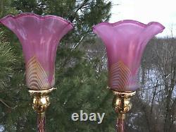 Pair Vintage Cut Crystal Glass Candlestick Lamps Pulled Feather Aurene Shades