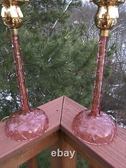 Pair Vintage Cut Crystal Glass Candlestick Lamps Pulled Feather Aurene Shades