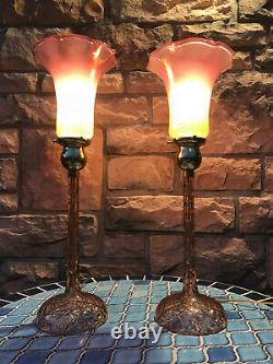 Pair Vintage Cut Crystal Glass Candlestick Lamps Pulled Feather Aurene Shades