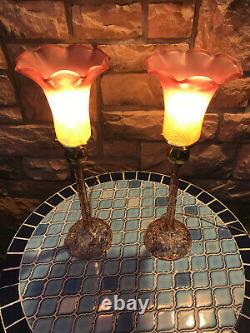 Pair Vintage Cut Crystal Glass Candlestick Lamps Pulled Feather Aurene Shades