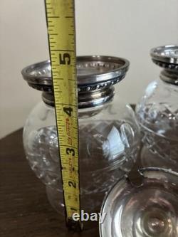 Pair Vintage Gorham Sterling Silver And Cut Glass Crystal Jam Jars Fluted Base