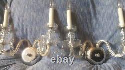 Pair Vintage Leaded Crystal Twin Candle Cut Glass Bowl / Foot Wall Sconces Italy