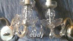 Pair Vintage Leaded Crystal Twin Candle Cut Glass Bowl / Foot Wall Sconces Italy