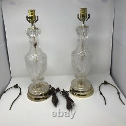 Pair Vintage Patterned Cut Crystal Glass & Brass Tone Table Lamps 28H x 6W