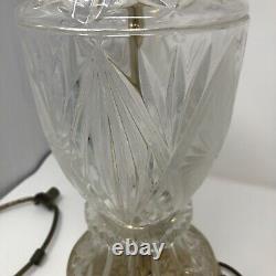 Pair Vintage Patterned Cut Crystal Glass & Brass Tone Table Lamps 28H x 6W