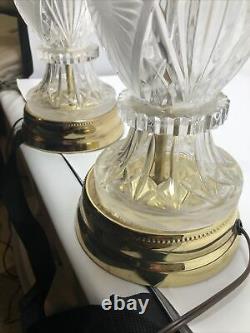 Pair Vintage Patterned Cut Crystal Glass & Brass Tone Table Lamps 28H x 6W