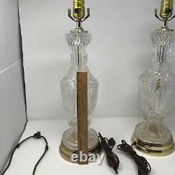 Pair Vintage Patterned Cut Crystal Glass & Brass Tone Table Lamps 28H x 6W