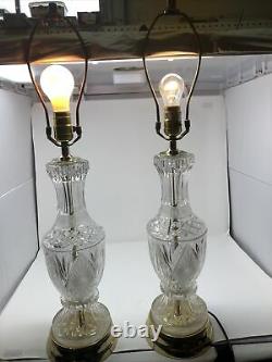 Pair Vintage Patterned Cut Crystal Glass & Brass Tone Table Lamps 28H x 6W