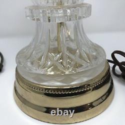 Pair Vintage Patterned Cut Crystal Glass & Brass Tone Table Lamps 28H x 6W