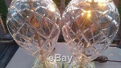 Pair Vintage Waterford Cut Crystal Glass Brass Table Lamps Criss Cross Dot
