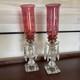 Pair Vntg. Glass Cranberry Cut To Clear Mantle Lusters Lamps w Crystal Prisms