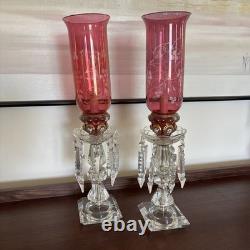 Pair Vntg. Glass Cranberry Cut To Clear Mantle Lusters Lamps w Crystal Prisms