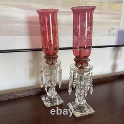 Pair Vntg. Glass Cranberry Cut To Clear Mantle Lusters Lamps w Crystal Prisms