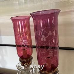 Pair Vntg. Glass Cranberry Cut To Clear Mantle Lusters Lamps w Crystal Prisms