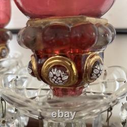 Pair Vntg. Glass Cranberry Cut To Clear Mantle Lusters Lamps w Crystal Prisms