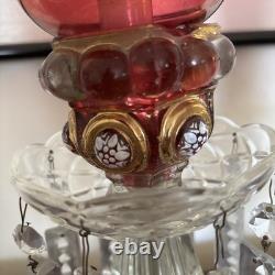 Pair Vntg. Glass Cranberry Cut To Clear Mantle Lusters Lamps w Crystal Prisms