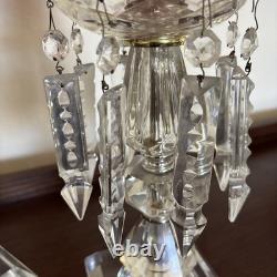 Pair Vntg. Glass Cranberry Cut To Clear Mantle Lusters Lamps w Crystal Prisms