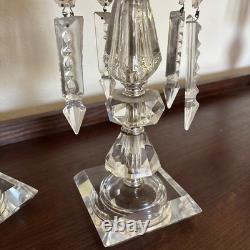 Pair Vntg. Glass Cranberry Cut To Clear Mantle Lusters Lamps w Crystal Prisms