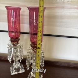Pair Vntg. Glass Cranberry Cut To Clear Mantle Lusters Lamps w Crystal Prisms