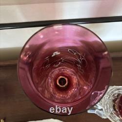Pair Vntg. Glass Cranberry Cut To Clear Mantle Lusters Lamps w Crystal Prisms
