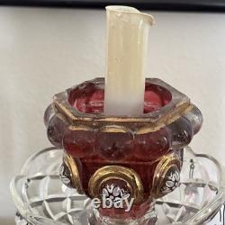 Pair Vntg. Glass Cranberry Cut To Clear Mantle Lusters Lamps w Crystal Prisms Pair Vntg. Glass Cranberry Cut To Clear Mantle Lusters Lamps w Crystal Prisms