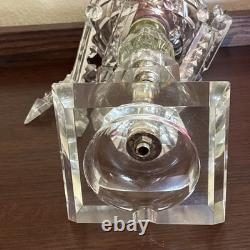 Pair Vntg. Glass Cranberry Cut To Clear Mantle Lusters Lamps w Crystal Prisms