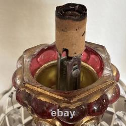 Pair Vntg. Glass Cranberry Cut To Clear Mantle Lusters Lamps w Crystal Prisms