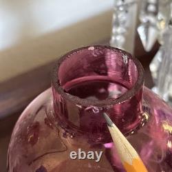 Pair Vntg. Glass Cranberry Cut To Clear Mantle Lusters Lamps w Crystal Prisms