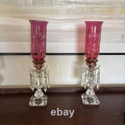 Pair Vntg. Glass Cranberry Cut To Clear Mantle Lusters Lamps w Crystal Prisms